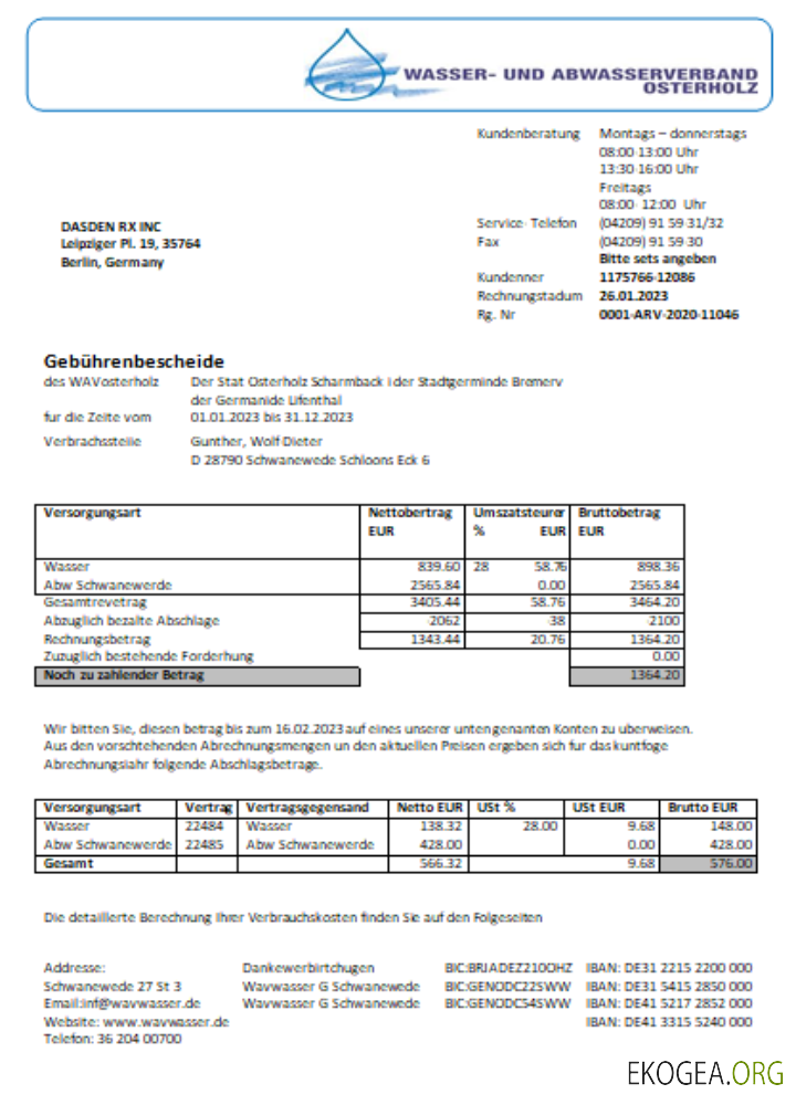 Facture commerciale du service public de Wavwasser SCR
